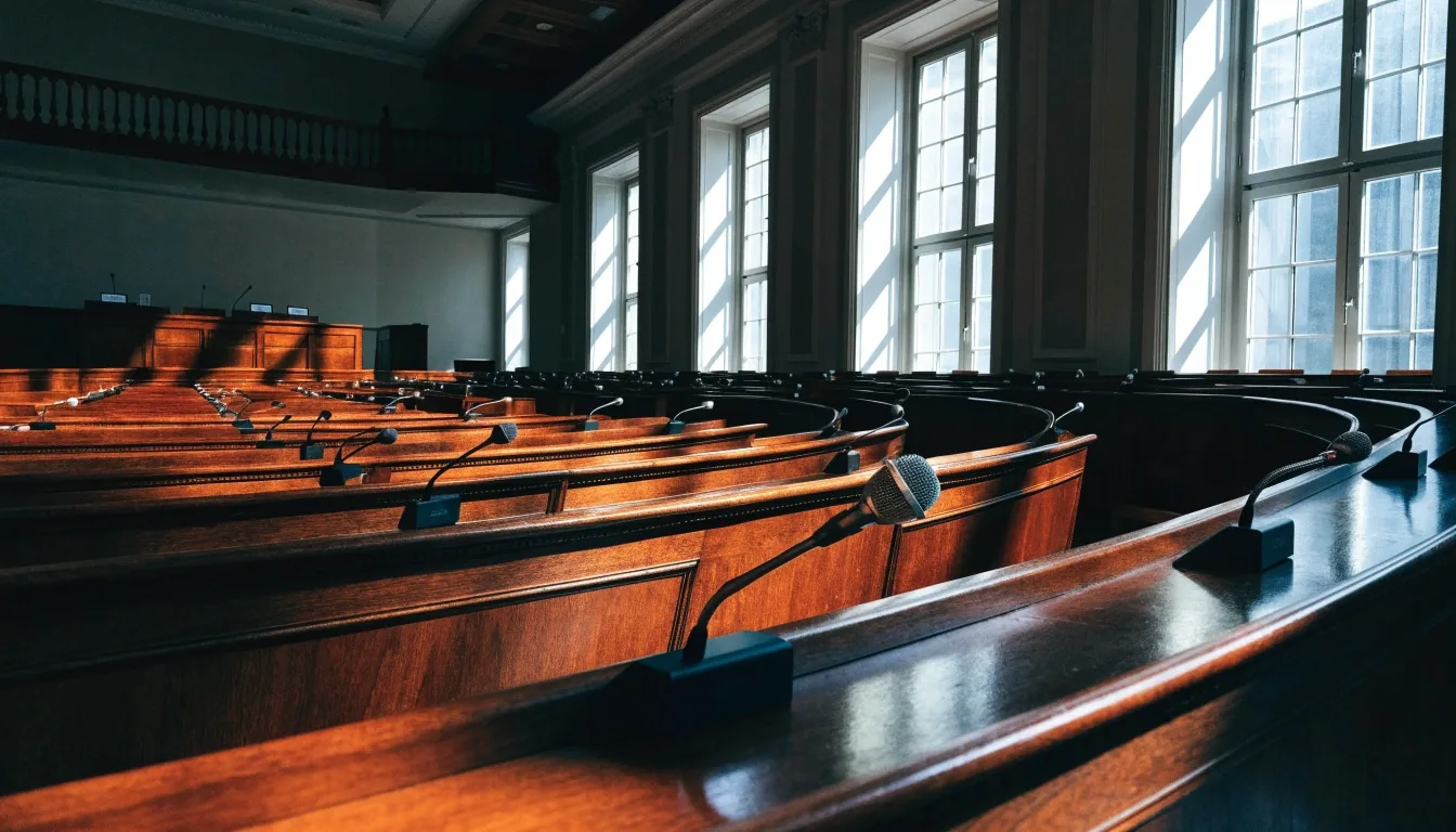 Leere Plenarsitze eines deutschen Parlaments mit Mikrofonen an den Tischreihen im Tageslicht