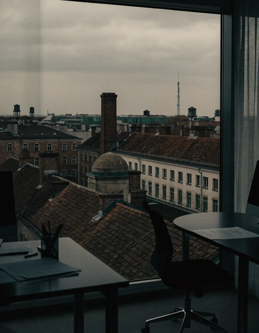 Dächer des Berliner Regierungsviertels bei bedecktem Himmel, vom Fenster aus gesehen