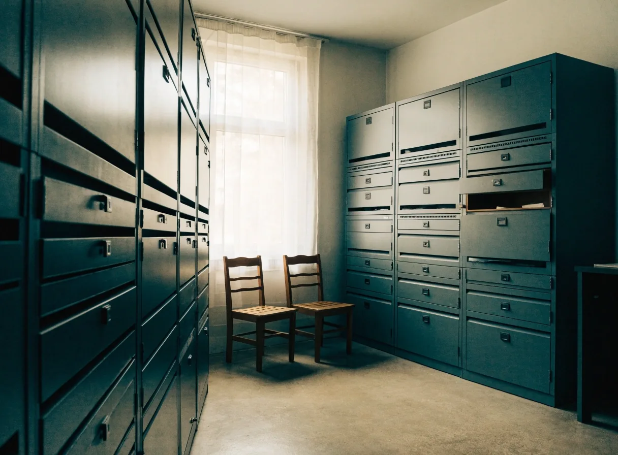 Archivraum mit verschlossenen Metallschränken für Forschungsdaten und leeren Lesestühlen