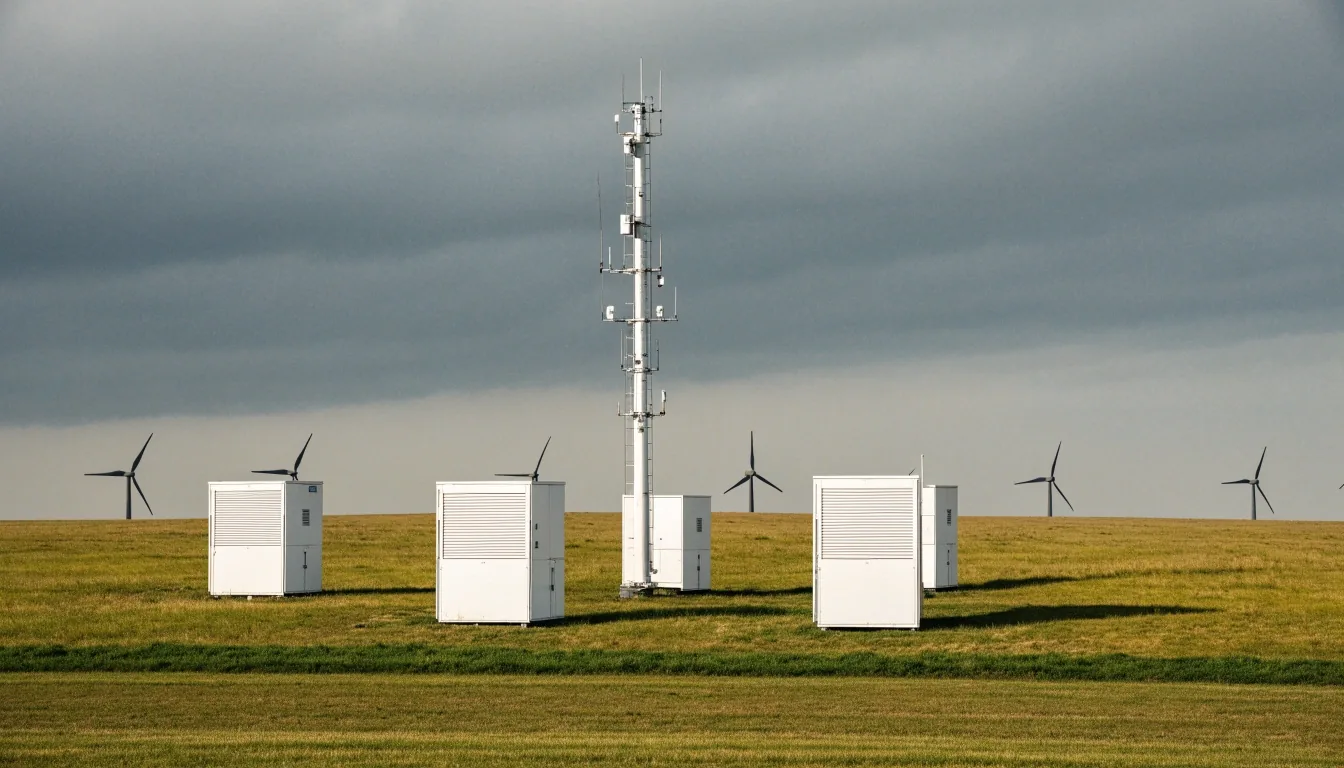 Außenansicht einer Klimaforschungsstation mit Messinstrumenten auf freiem Feld unter bedecktem Himmel